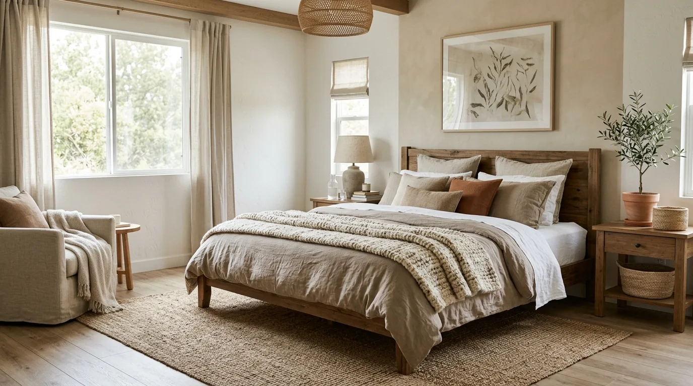 Balance the whole room through layered texture inspiration for an earthy bedroom.